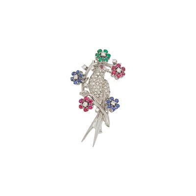 Lot 1097 - White Gold, Emerald, Sapphire, Ruby and Diamond Bird Brooch