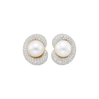 Lot 1204 - Pair of Two-Color Gold, South Sea Cultured Pearl and Diamond Earrings