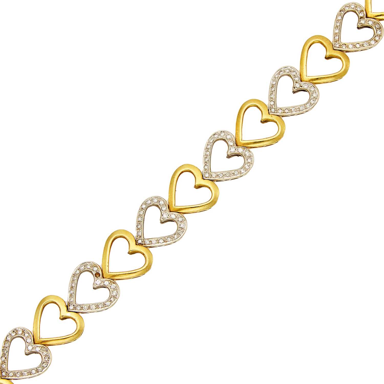 Lot 1035 - Two-Color Gold and Diamond Heart Link Bracelet