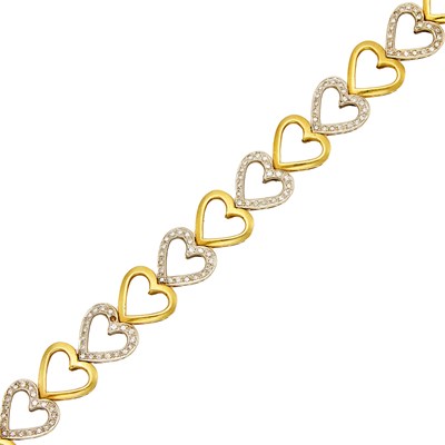 Lot 1035 - Two-Color Gold and Diamond Heart Link Bracelet