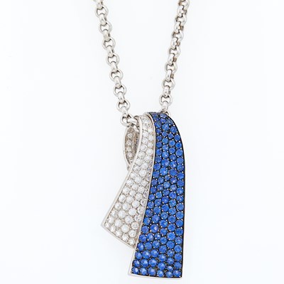 Lot 2187 - White Gold, Sapphire and Diamond Pendant with Chain Necklace