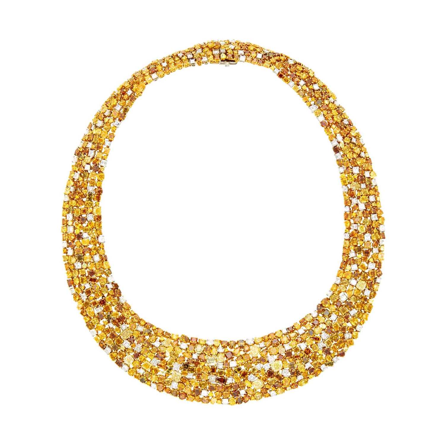 Lot 137 - Oscar Heyman Brothers Gold, Platinum Fancy Colored Diamond and Diamond Bib Necklace