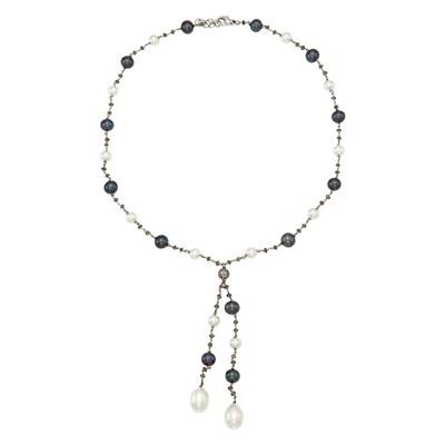 Lot 2238 - White Gold, Multicolored Cultured Pearl and Colored Diamond Pendant-Necklace