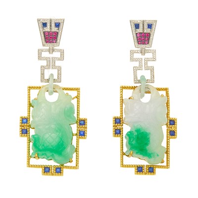 Lot 2151 - Pair of Two-Color Gold, Carved Jade, Sapphire, Pink Sapphire and Diamond Pendant-Earrings