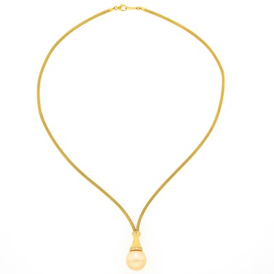 Lot 2264 - Gold, Golden Cultured Pearl and Diamond Pendant-Necklace