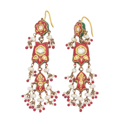 Lot 1157 - Pair of Indian Gold, Jaipur Enamel, Glass, Seed Pearl and Ruby Bead Pendant-Earrings