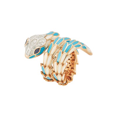 Lot 2034 - Alexis Rose Gold-Plated Silver, White Gold, Turquoise and White Enamel, Sapphire and Diamond Snake Ring