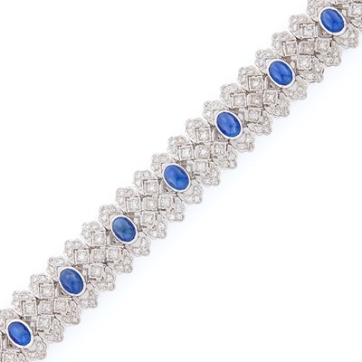 Lot 2190 - White Gold, Cabochon Sapphire and Diamond Bracelet