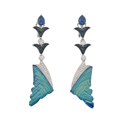 Lot 1073 - Pair of White Gold, Dyed Agate, Black Onyx, Cabochon Sapphire and Diamond Butterfly Wing Pendant-Earrings