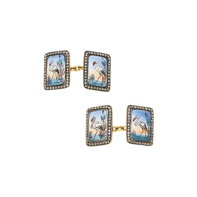 Lot 2094 - Pair of Antique Gold, Silver, Painted Enamel and Diamond Cufflinks
