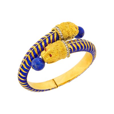 Lot 146 - Gold, Blue Enamel, Lapis Bead and Diamond Crossover Chimera Bangle Bracelet