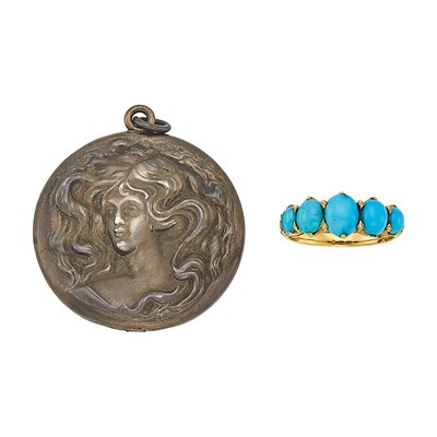 Lot 1187 - Gold and Turquoise Ring and Silver Art Nouveau Locket Pendant