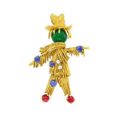Lot 28 - Van Cleef & Arpels Gold, Green Onyx Bead, Diamond and Cabochon Gem-Set  'Scarecrow' Clip-Brooch, France