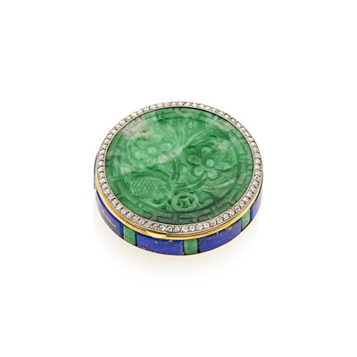 Lot 46 - Berlioz-Leroy Gold, Platinum, Carved Jade, Lapis, Jade and Diamond Rouge-Pot, France