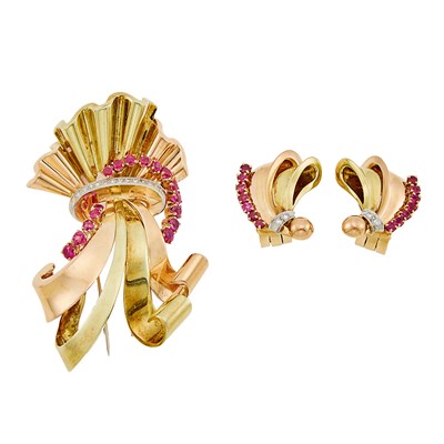 Lot 1074 - Two-Color Gold, Platinum, Ruby and Diamond Clip-Brooch and Pair of Earclips