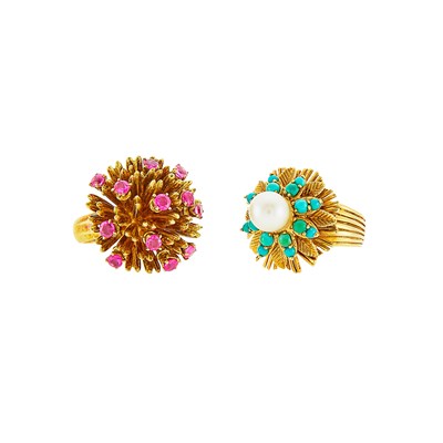 Lot 1266 - Two Gold, Ruby, Turquoise and Pearl Rings