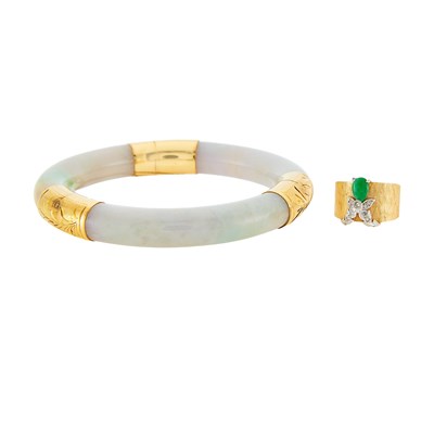 Lot 1252 - Jade and Gold Bangle and Two-Color Gold, Jade and Diamond Ring