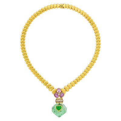 Lot 14 - André Vassort Gold, Pink Sapphire, Carved Emerald, Emerald and Diamond Link Necklace, France