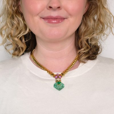 Lot 14 - André Vassort Gold, Pink Sapphire, Carved Emerald, Emerald and Diamond Link Necklace, France