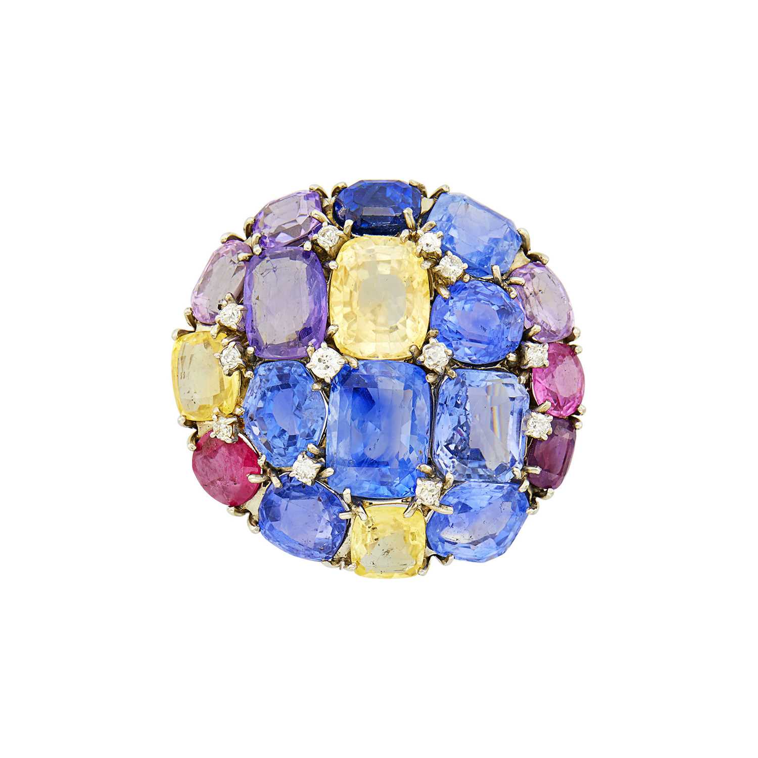 Lot 152 - Platinum, Multicolored Sapphire and Diamond Clip-Brooch