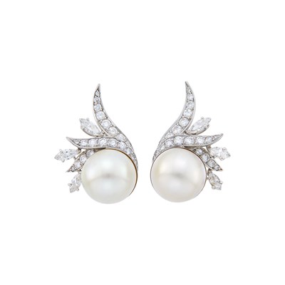 Lot 1076 - Pair of Platinum, White Gold, Mabé Pearl and Diamond Earclips, France