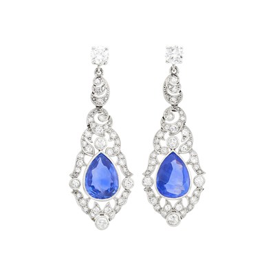 Lot 156 - Pair of Platinum, Sapphire and Diamond Pendant-Earrings