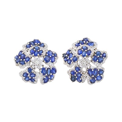 Lot 1065 - Pair of White Gold, Sapphire and Diamond Flower Earrings