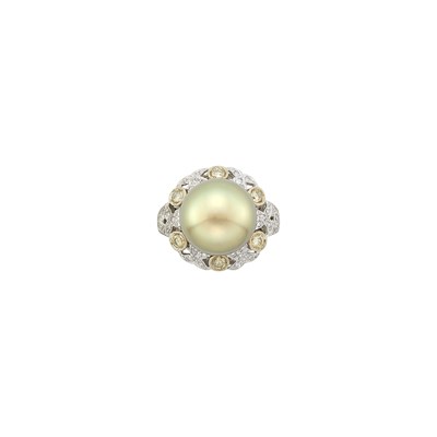 Lot 2202 - White Gold, Golden Brown Cultured Pearl, Colored Diamond and Diamond Ring