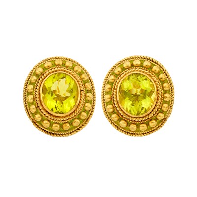 Lot 2028 - Pair of Gold, Yellow Quartz and Lime Green Enamel Earrings