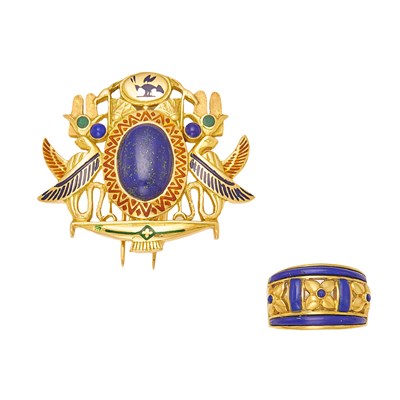 Lot 2076 - Gold, Lapis and Enamel Brooch and Enamel Ring