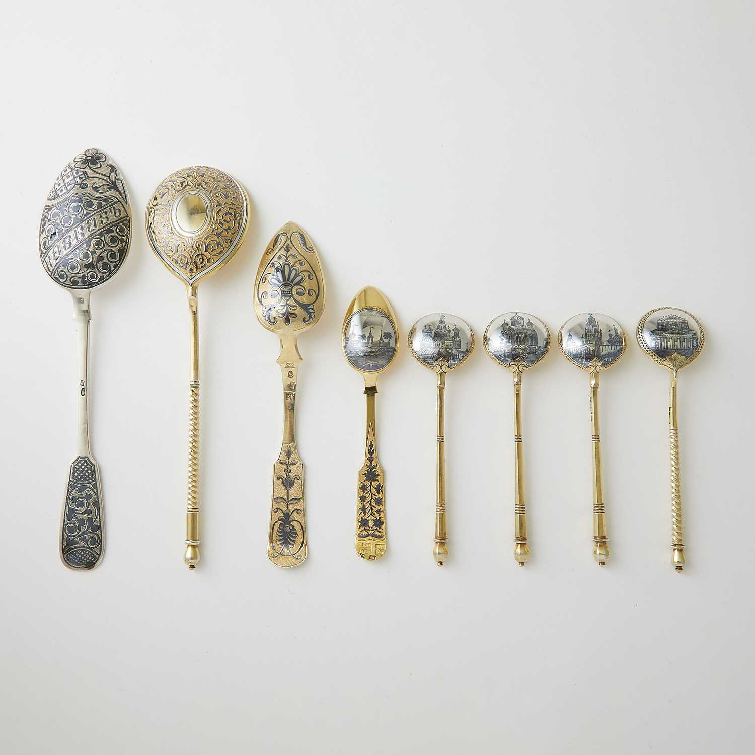 Lot 707 - Group of Eight Russian Silver, Silver-Gilt and Niello Spoons