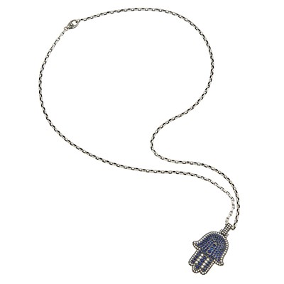 Lot 1149 - Blackened White Gold, Sapphire and Diamond Hamsa Pendant with Silver Chain Necklace