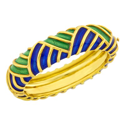 Lot 29 - Tiffany & Co. Gold, Blue and Green Enamel Bangle Bracelet