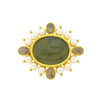 Lot 1020 - Elizabeth Locke Hammered Gold, Venetian Green Glass Intaglio, Mother-of-Pearl, Moonstone and Cultured Pearl Pendant Clip-Brooch