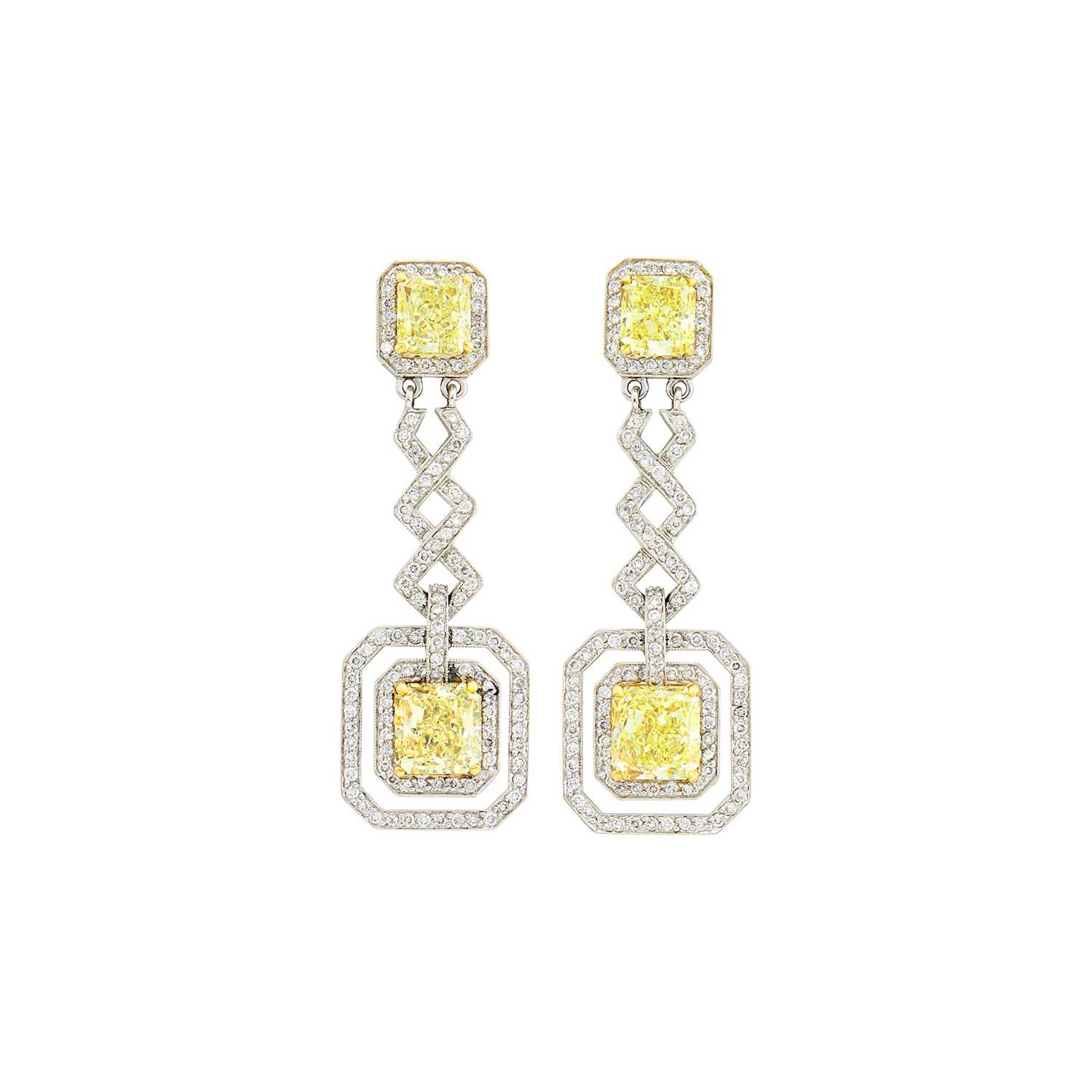 Lot 138 - Pair of Platinum, Gold, Fancy Yellow Diamond and Diamond Pendant-Earrings