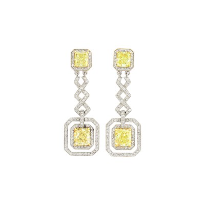Lot 138 - Pair of Platinum, Gold, Fancy Yellow Diamond and Diamond Pendant-Earrings