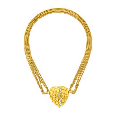 Lot 24 - Gucci Two-Color Gold and Diamond 'Broken Heart' Pendant with Four Strand Snake Chain Necklace