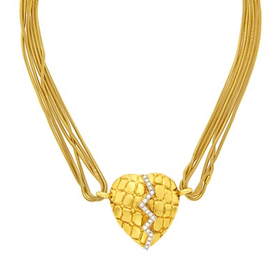 Lot 24 - Gucci Two-Color Gold and Diamond 'Broken Heart' Pendant with Four Strand Snake Chain Necklace