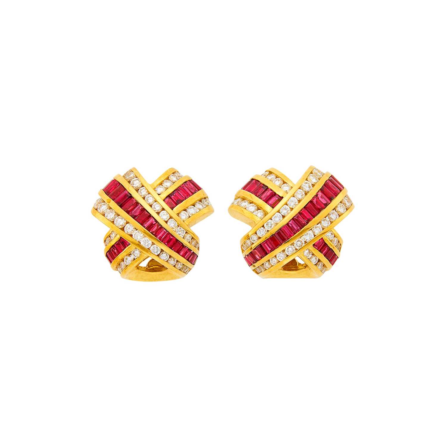 Lot 1191 - Charles Krypell Pair of Gold, Ruby and Diamond Earclips