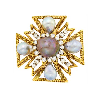 Lot 56 - David Webb Gold, Platinum, Multicolored Baroque Cultured Pearl and Diamond Maltise Cross Clip-Brooch