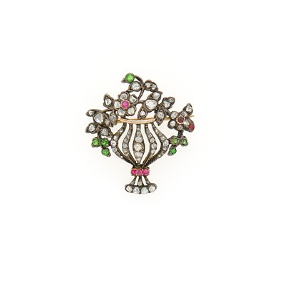 Lot 2156 - Antique Silver, Gold, Diamond and Gem-Set Vase Brooch