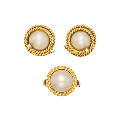 Lot 2069 - Gold, Mabé Pearl, Ruby and Diamond Ring, Mikimoto, and Pair of Earrings
