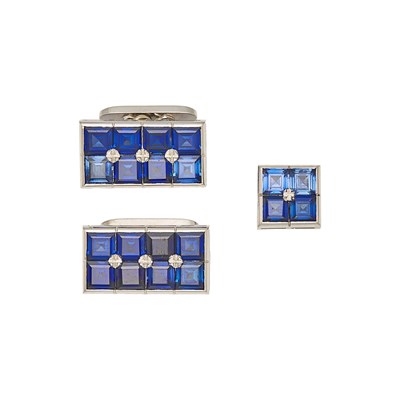 Lot 2248 - Pair of Platinum and Synthetic Sapphire Cufflinks and Tac