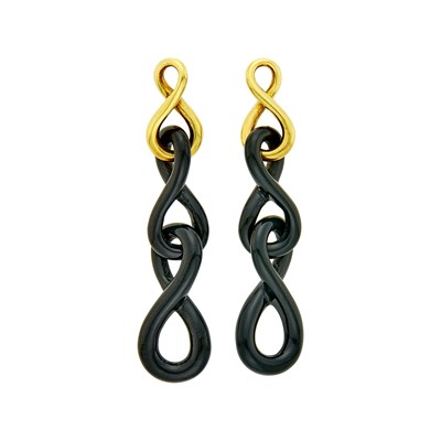 Lot 1 - Angela Cummings Pair of Gold and Carved Black Jade Pendant-Earrings