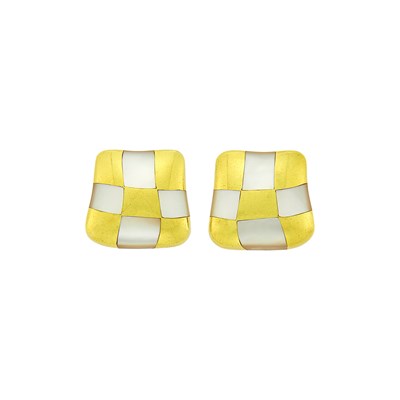 Lot 9 - Angela Cummings Pair of Gold and Mother-of-Pearl Checkerboard Earclips