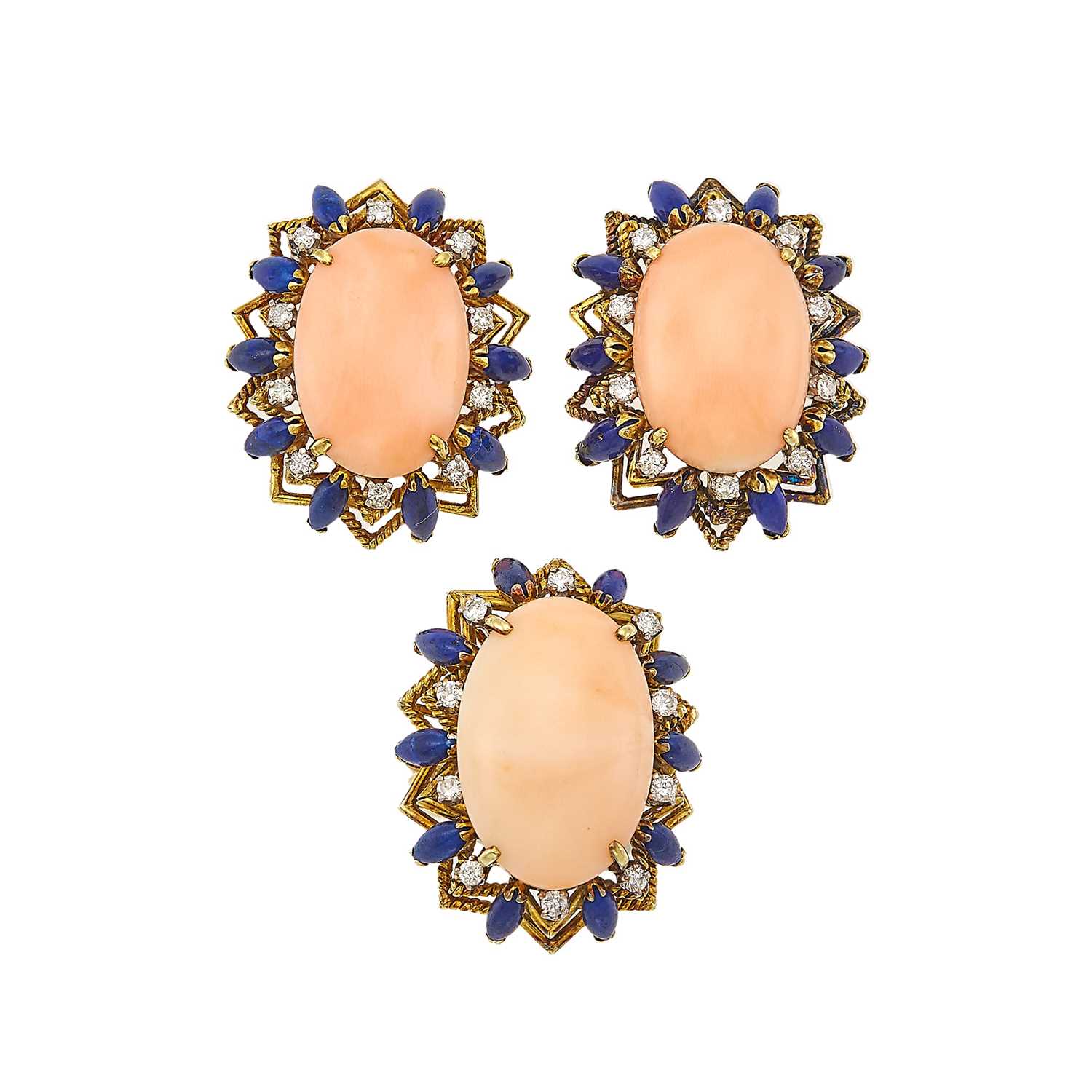 Lot 1052 - Pair of Gold, Angel Skin Coral, Lapis and Diamond Earclips and Ring