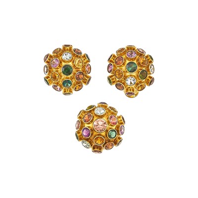 Lot 1071 - Pair of Gold and Gem-Set Dome Earclips and Ring