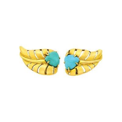 Lot Seaman Schepps Pair of Gold and Turquoise Leaf Earclips