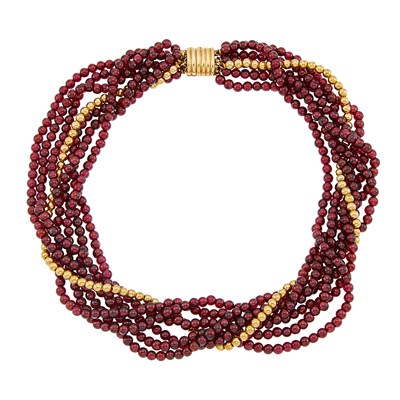 Lot 1223 - Multistrand Garnet and Gold Bead Necklace