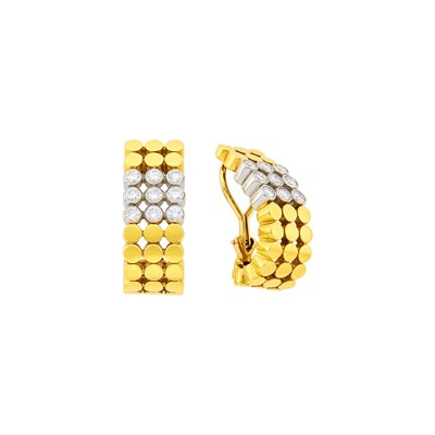 Lot 18 - Pair of Two-Color Gold and Diamond Half-Hoop Earclips